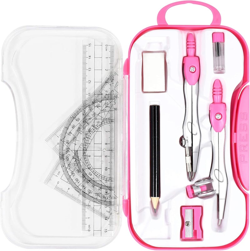 Vobou 10 Pieces Math Geometry Kit Set Student Supplies with Shatterproof Storage Box,Includes Rulers,Protractor,Compass,Eraser,Pencil Sharpener,Lead Refills,Pencil,for School and Drawings（Pink） - Image 1
